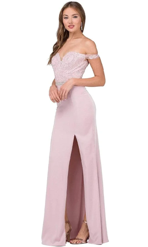 Formal Dress for Emmy AwardsDancing Queen - 2164 Appliqued Plunging Off Shoulder High Slit Gown