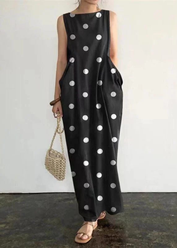 maxi dresses for tall womenGrace Black Dot Print Pockets Long Dresses Sleeveless