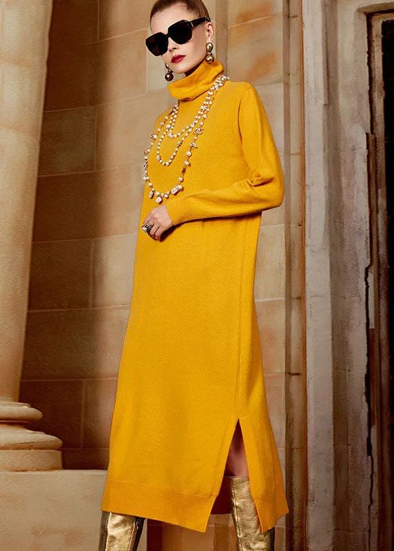 maxi dresses with adjustable strapsBeautiful Yellow Turtleneck Side Open Wool Knit Sweater Long Dresses Long Sleeve