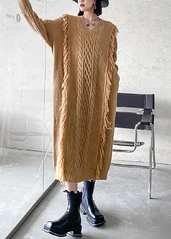 maxi dresses with high necklinesArt Khaki V Neck Cozy Thick Knit Long Sweaters Dress Winter