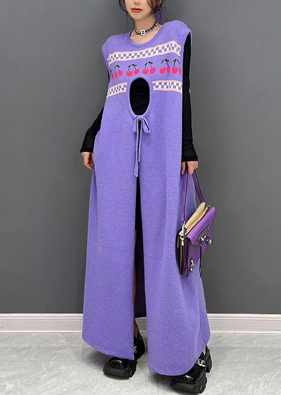 maxi dresses for travelCasual Purple Print Side Open Cashmere Knit Long Dresses Sleeveless