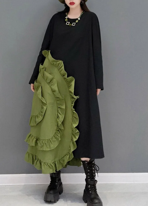 maxi dresses for curvesCasual Green O-Neck Ruffles Patchwork Long Dresses Long Sleeve