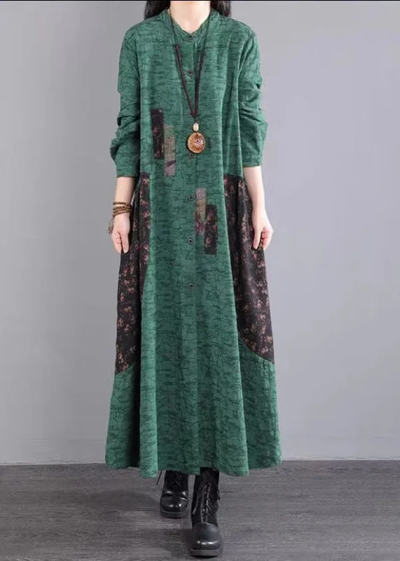 maxi dresses for winter (with tights)Bohemian Green Stand Collar Patchwork Cotton Long Dresses Fall