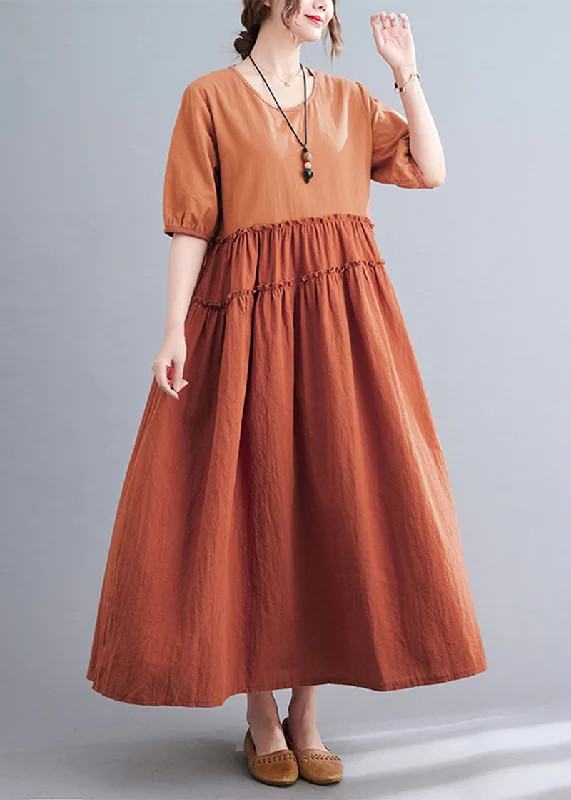 maxi dresses for womenElegant Orange Ruffled Patchwork Exra Large Hem Cotton Long Dress Summer