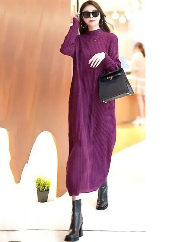 bohemian maxi dressesClassy Purple Stand Collar Solid Color Knit Long Sweater Dress Spring