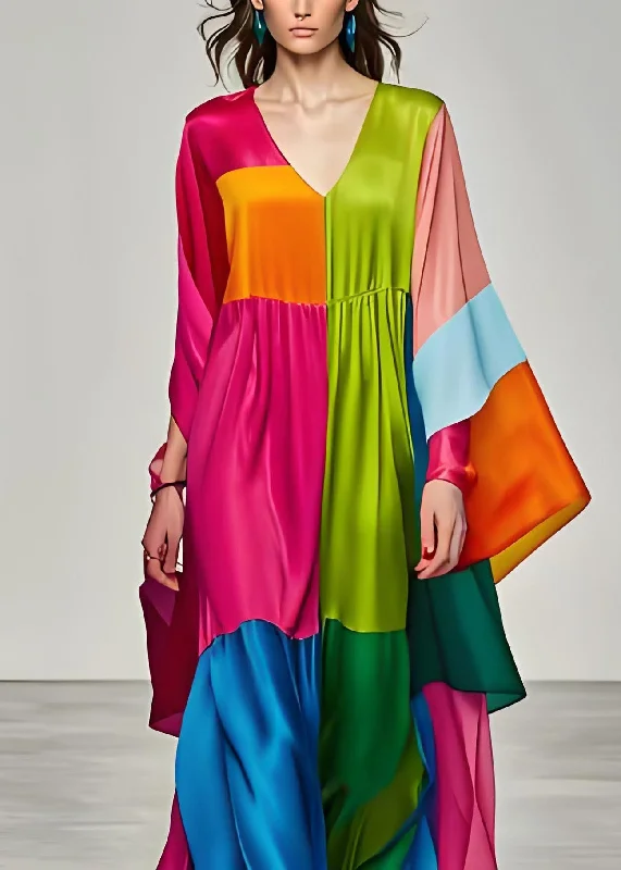 maxi dresses with pockets and sleevesBoho Colorblock V Neck Patchwork Silk Long Dress Summer