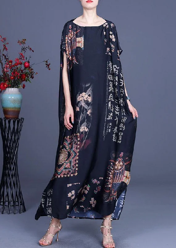 maxi dresses for autumnFrench Black Print Side open Silk Long Dress Summer