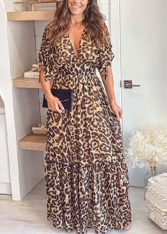 maxi dresses with low necklinesBoutique V Neck Leopard Print Patchwork Ruffled Cinch Long Dresses Short Sleeve