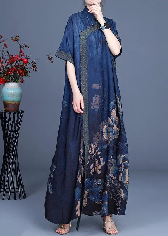 maxi dresses with embroidered patternsClassy Blue Print Patchwork Oriental Long Dress Summer