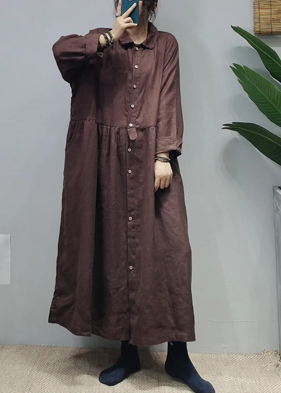 maxi dresses for travelDark Chocolate Linen Long Dress Cinched Extra large hem Long Sleeve