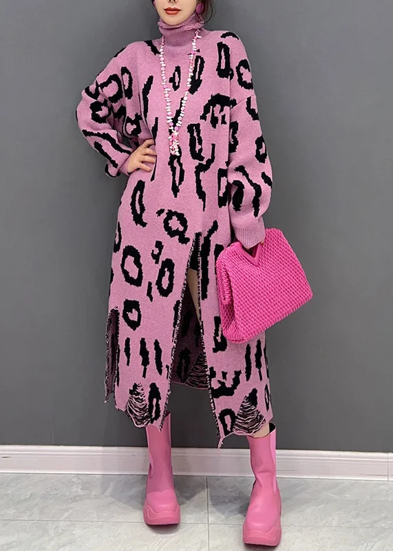 maxi dresses for officeStyle Pink Leopard Hign Neck Side Open Knit Long Dress Fall