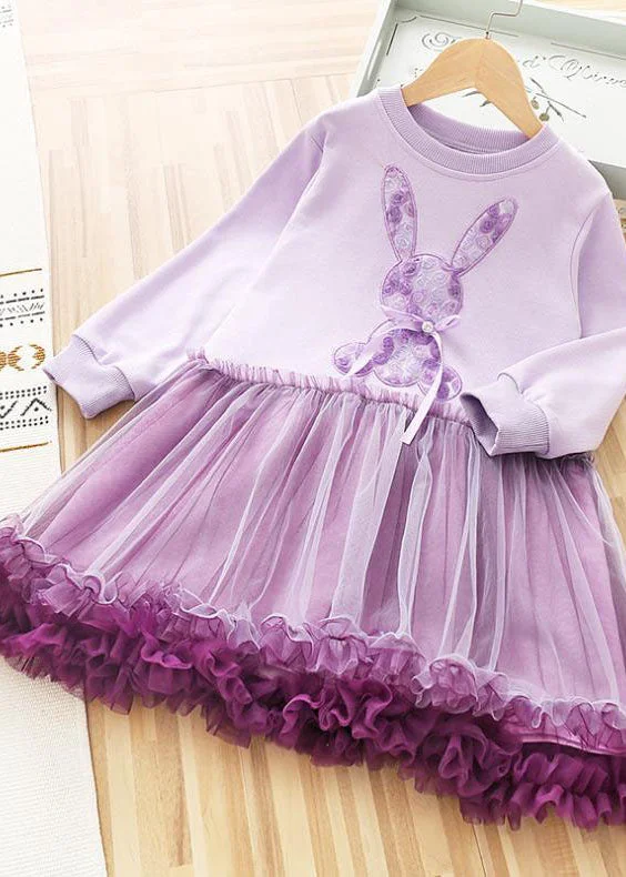 maxi dresses for warm weatherArt Purple O-Neck Rabbit Print Patchwork Tulle Kids Long Dress Fall