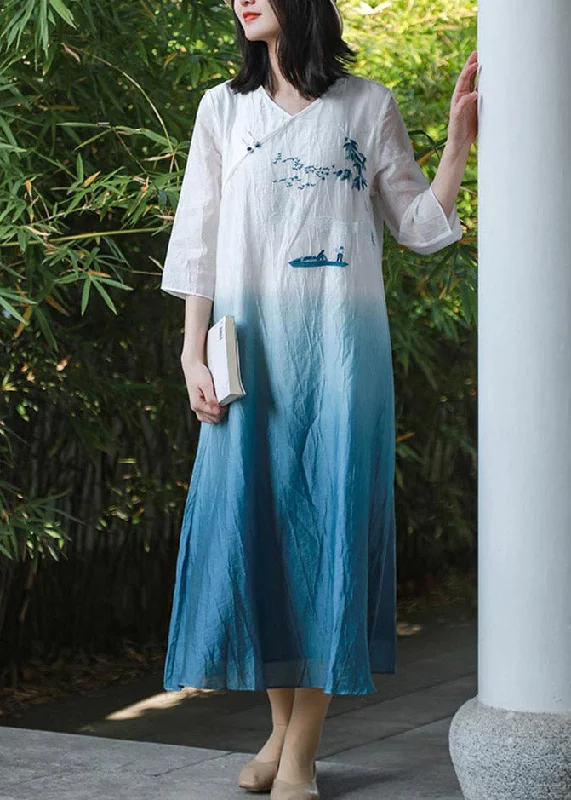 floral print maxi dressesRetro Blue White Gradient Color V Neck Embroideried Long Dress Spring