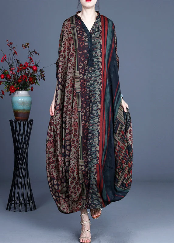 maxi dresses for garden parties2024 Red V Neck Print Silk Long Dress Batwing Sleeve