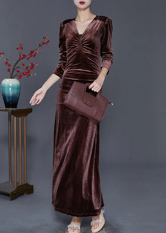 maxi dresses with high necklinesChocolate Silm Fit Silk Velour Long Dresses V Neck Fall