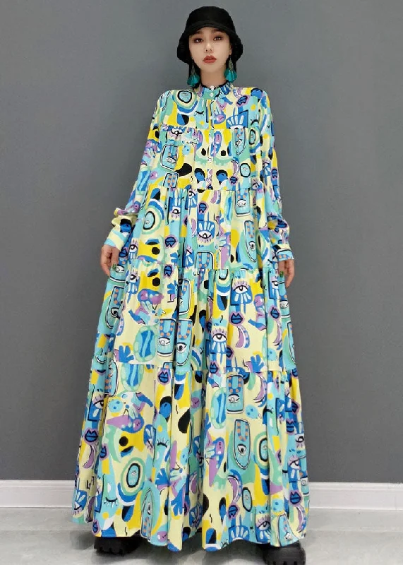 affordable maxi dressesBlue Print Patchwork Cotton A Line Long Dress Stand Collar Long Sleeve