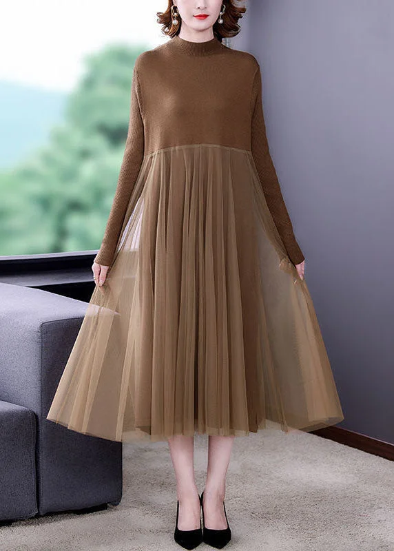 maxi dresses with halter necksUnique Khaki Stand Collar Tulle Patchwork Knit Long Dress Long Sleeve