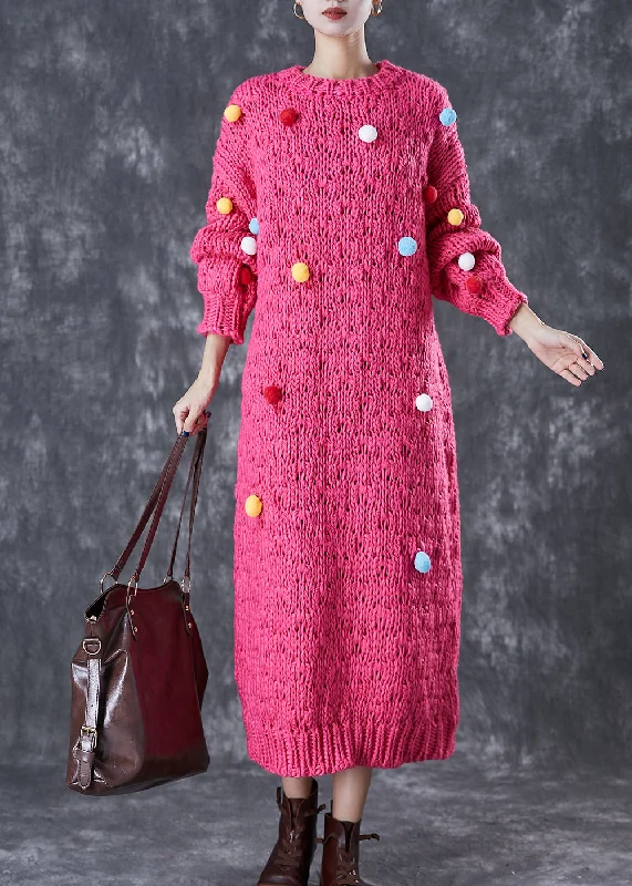 maxi dresses with low necklinesItalian Rose Fuzzy Ball Decorated Knit Long Sweater Dress Winter