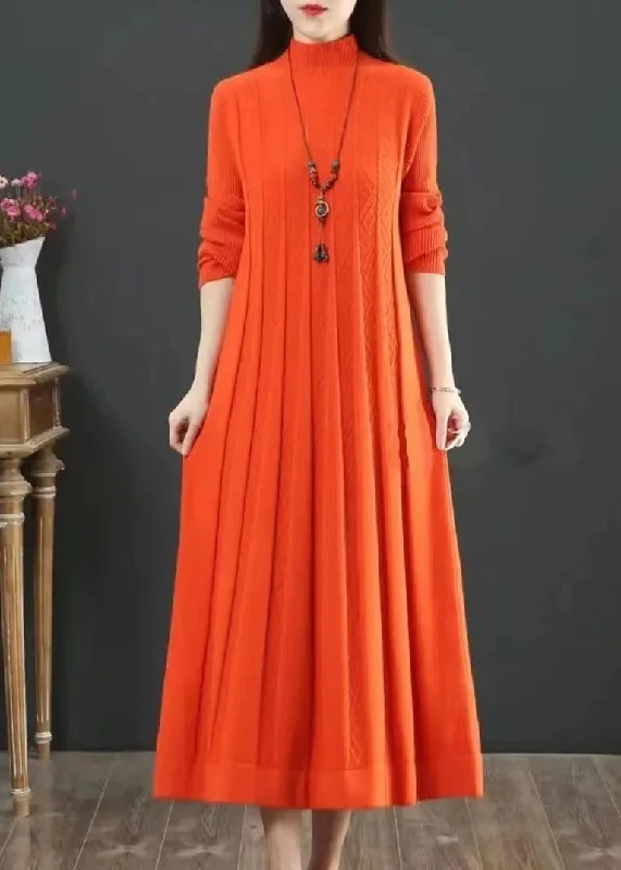 maxi dresses for petite womenClassy Orange Hign Neck Wrinkled Patchwork Knit Long Dress Winter