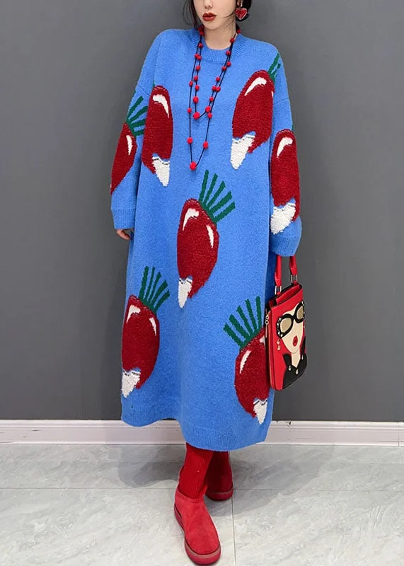 maxi dresses for mother of the groomPlus Size Blue O Neck Strawberry Jacquard Long Knit Dress Winter