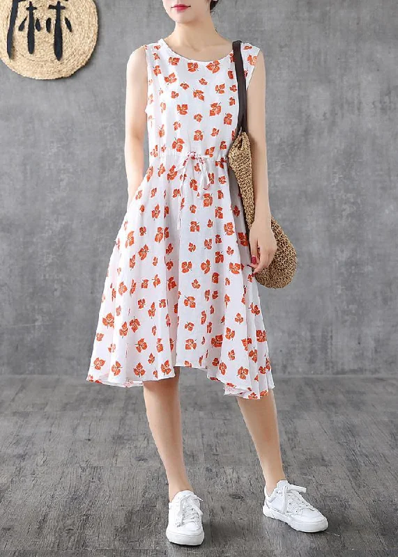 floral maxi dressesHandmade white print linen Long Shirts sleeveless cotton summer Dress