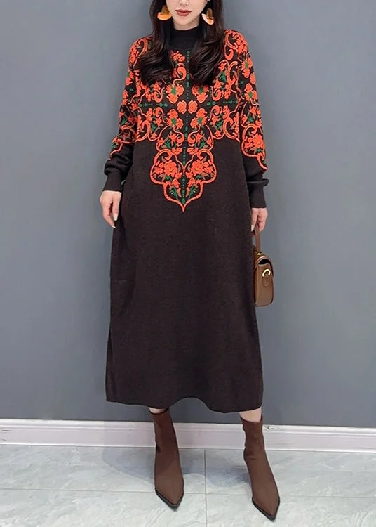 maxi dresses with buttonsNew Brown Turtleneck Print Patchwork Knit Long Dress Fall