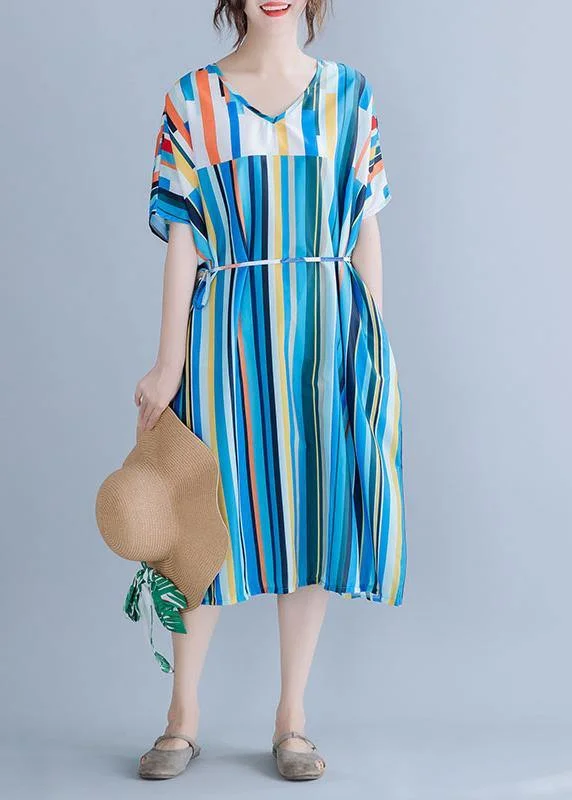 maxi dresses for boat ridesNatural blue striped chiffon dress long plus size Online Shopping v neck patchwork Summer Dress