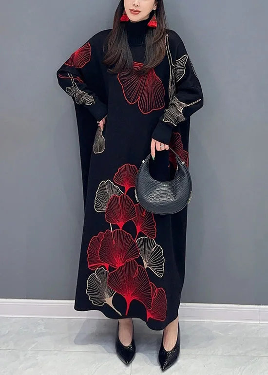 maxi dresses with removable beltsClassy Black Turtleneck Print Cotton Knit Long Dress Long Sleeve