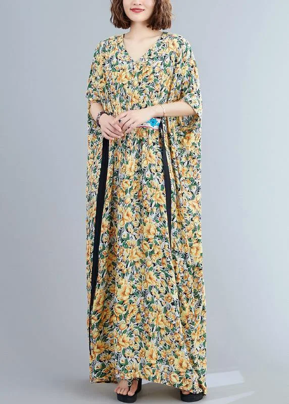 satin maxi dressesDiy Yellow Print Loose Long Summer Cotton Dress