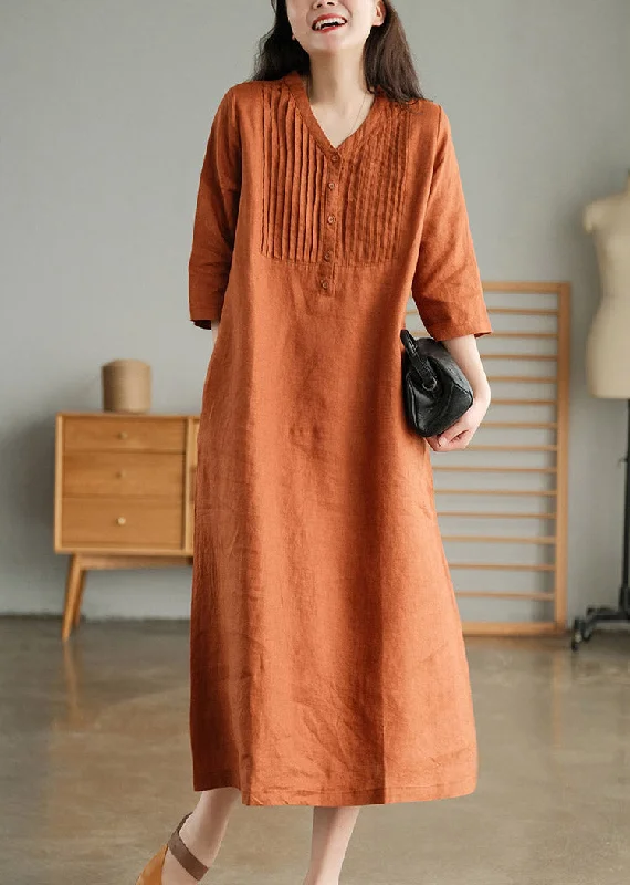 maxi dresses with short sleevesOrange Loose Linen Long Dresses Button Solid Half Sleeve