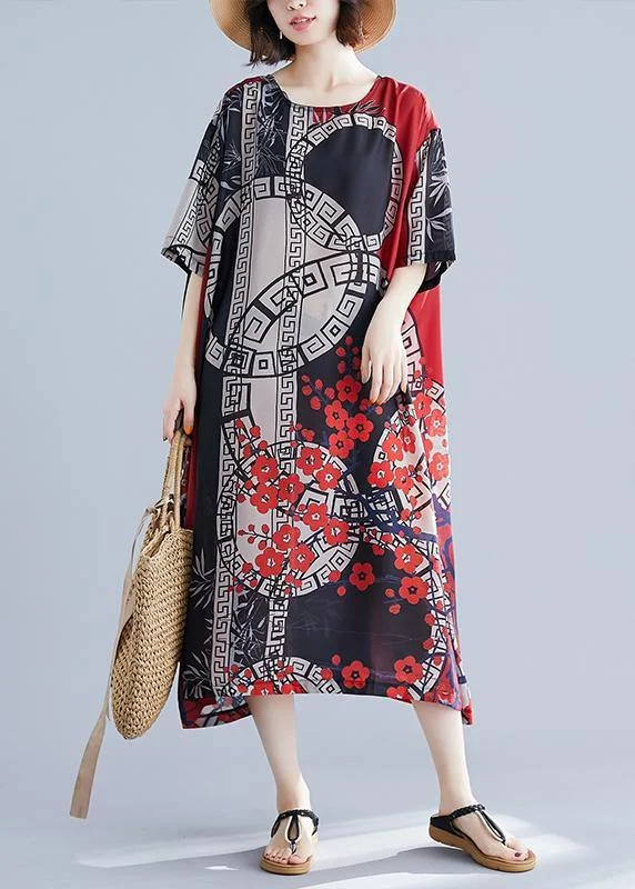 maxi dresses with rufflesFrench O Neck Spring Tunics For Women Red Print Long Dress