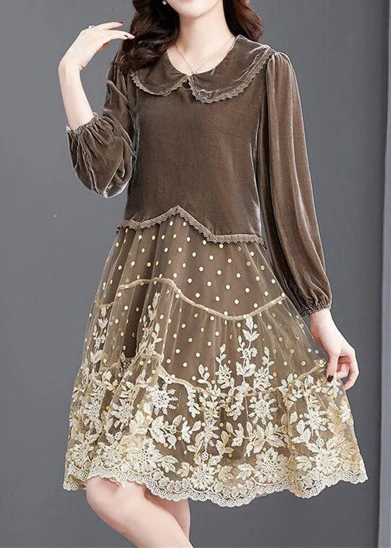 maxi dresses with pocketsFrench Chocolate Embroideried Patchwork Velour Long Dresses Winter