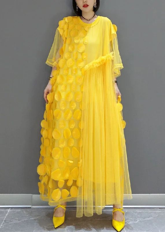 maxi dresses with built-in brasPlus Size Yellow Patchwork Tulle long Dresses Spring