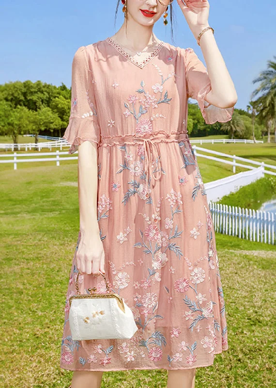 maxi dresses for petite womenBoho Pink V Neck Floral Embroideried Silk Long Dresses Short Sleeve