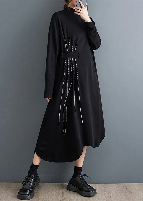 satin maxi dressesNew Black Turtleneck Asymmetrical Cotton Long Dresses Fall