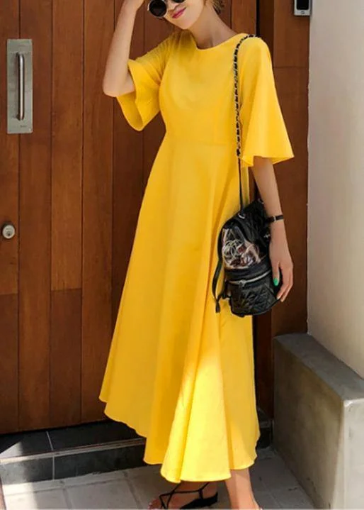 maxi dresses for everyday wear100% yellow cotton linen Long Shirts flare sleeve Bow loose summer Dress