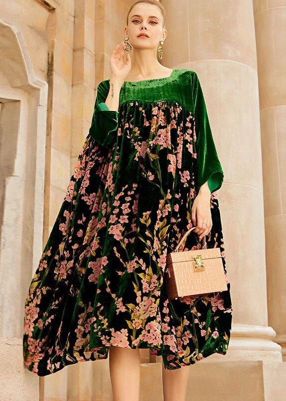 maxi dresses with adjustable strapsUnique Green O-Neck Patchwork Print Silk Velour Long Dresses Bracelet Sleeve