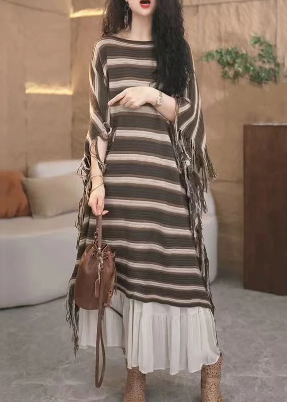 maxi dresses with rufflesLoose Striped Tasseled Patchwork Knit Long Dresses Fall