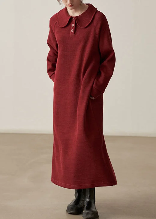 maxi dresses with cinched waistsLoose Wine Red Pockets Cozy  Cotton Knit Long Dresses Fall