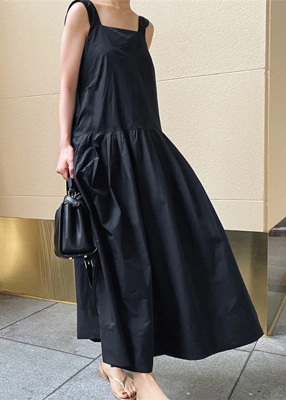 maxi dresses for beachFrench Black Slash Neck Pockets Wrinkled Cotton Long Dress Sleeveless