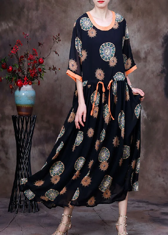 maxi dresses with empire waistsFashion Black O-Neck Drawstring Patchwork Print Chiffon Long Dress Half Sleeve