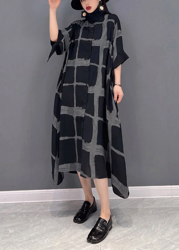 chiffon maxi dressesVintage Grey Peter Pan Collar Asymmetrical Print Button Pockets Long Dress Half Sleeve