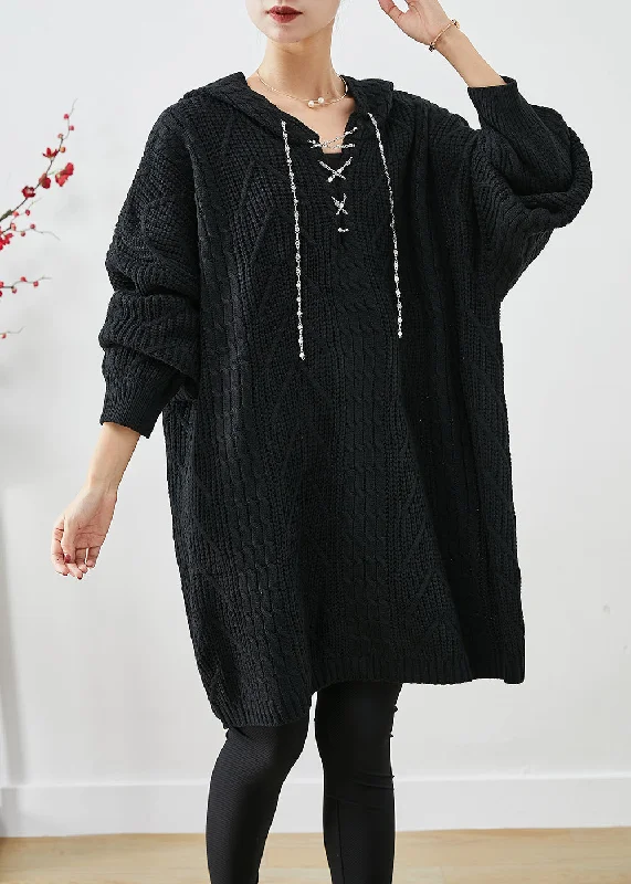 maxi dresses with adjustable strapsBlack Loose Knit Long Sweater Dress Hooded Fall