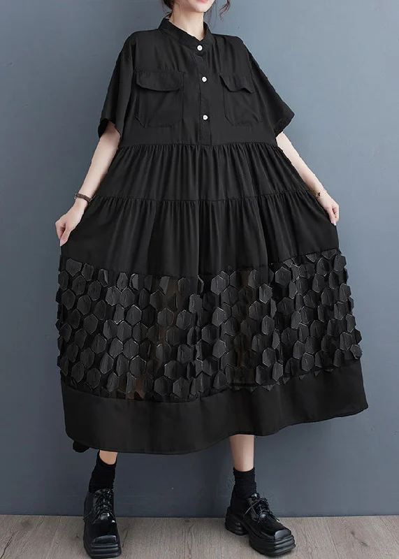 maxi dresses with appliquésOrganic Black Wrinkled Patchwork Solid Vacation Long Dresses Summer