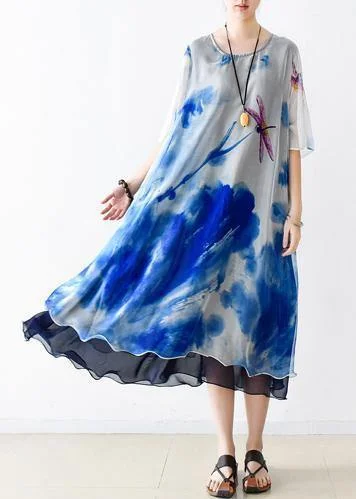 maxi dresses for maternity wearBohemian o neck pockets chiffon Long Shirts Indian Sleeve blue print Dress Summer