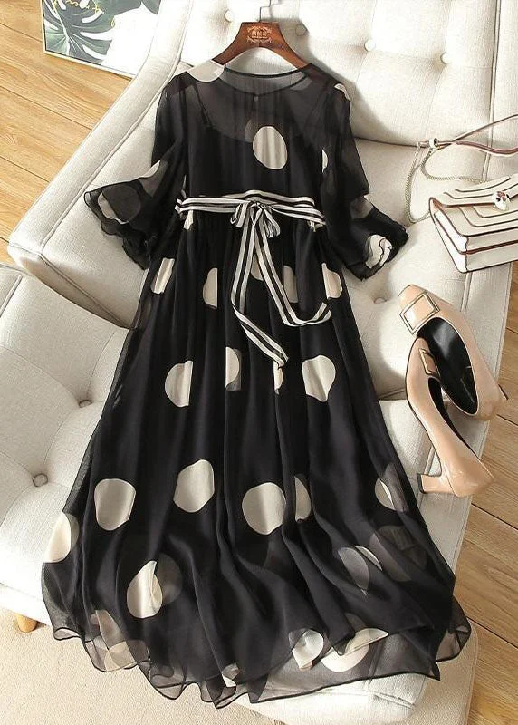 maxi dresses for partiesBoutique Black O-Neck Tie Waist Dot Print Chiffon Long Dresses Flare Sleeve