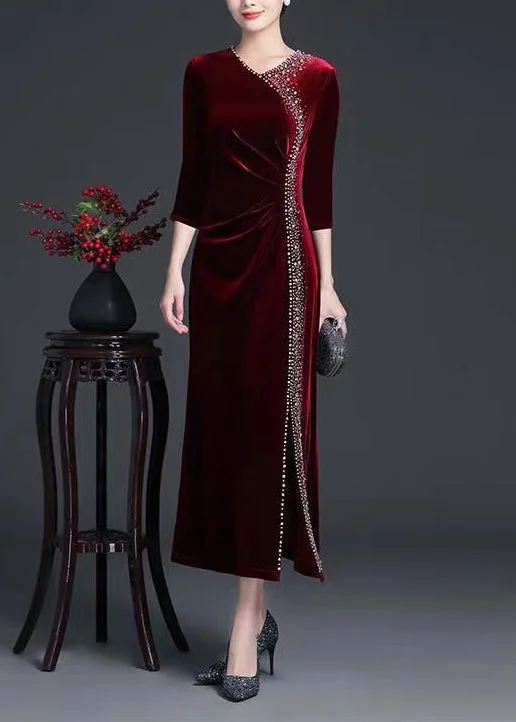 maxi dresses for active wear (with stretch fabric)Classy Wine Red V Neck Zircon Side Open Silk Velour Long Dress Fall