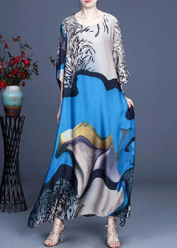 maxi dresses for destination weddingsModern Blue Print asymmetrical design Casual Summer Silk Long Dress