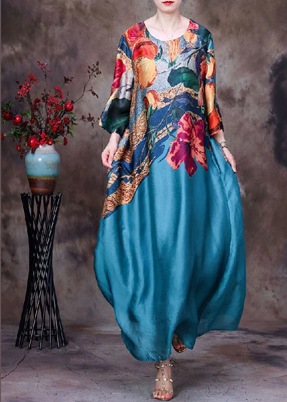 maxi dresses with sequined detailsBeautiful Blue O-Neck Print 2024 Silk Long Dress Bracelet Sleeve