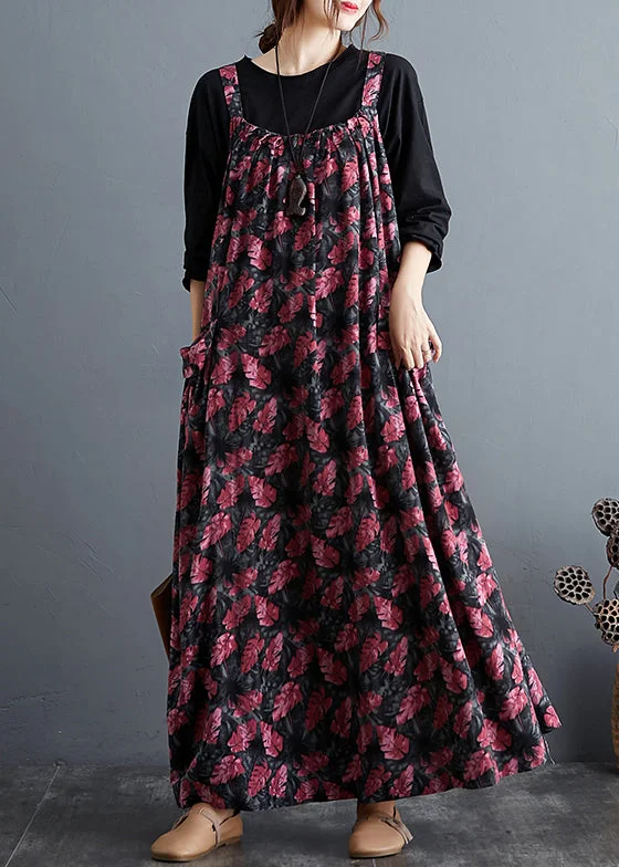 affordable maxi dressesRed Wrinkled Patchwork Cotton Spaghetti Strap Long Dresses Sleeveless